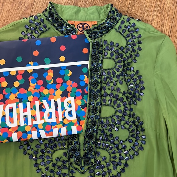 TORY BURCH TUNIC BEADED GEMS SEQUINED GREEN SAPPHIRE BLUE 2 LONG SLEEVE SHIRT SF - Picture 15 of 16